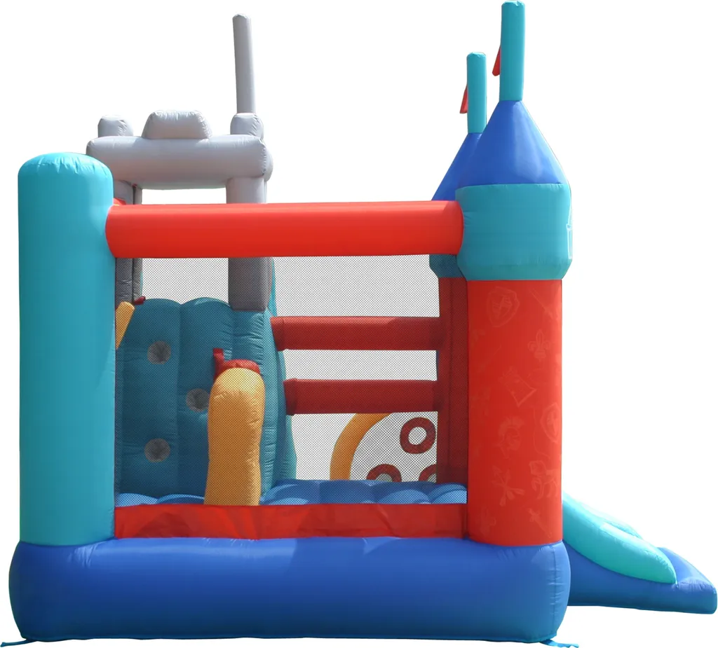 Ritterburg Castello gonfiabile colorato con scivolo, rete e diverse aree per giocare.